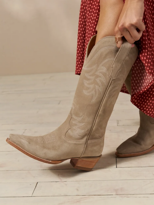 Fawn Faux Suede Snip-Toe Embroidery Tall Wide Mid Calf Cowgirl Boots