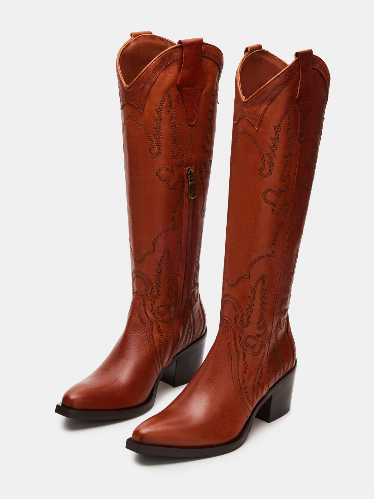 Cognac Snip-Toe Embroidery Classic Half-Zip Mid Calf Cowgirl Boots