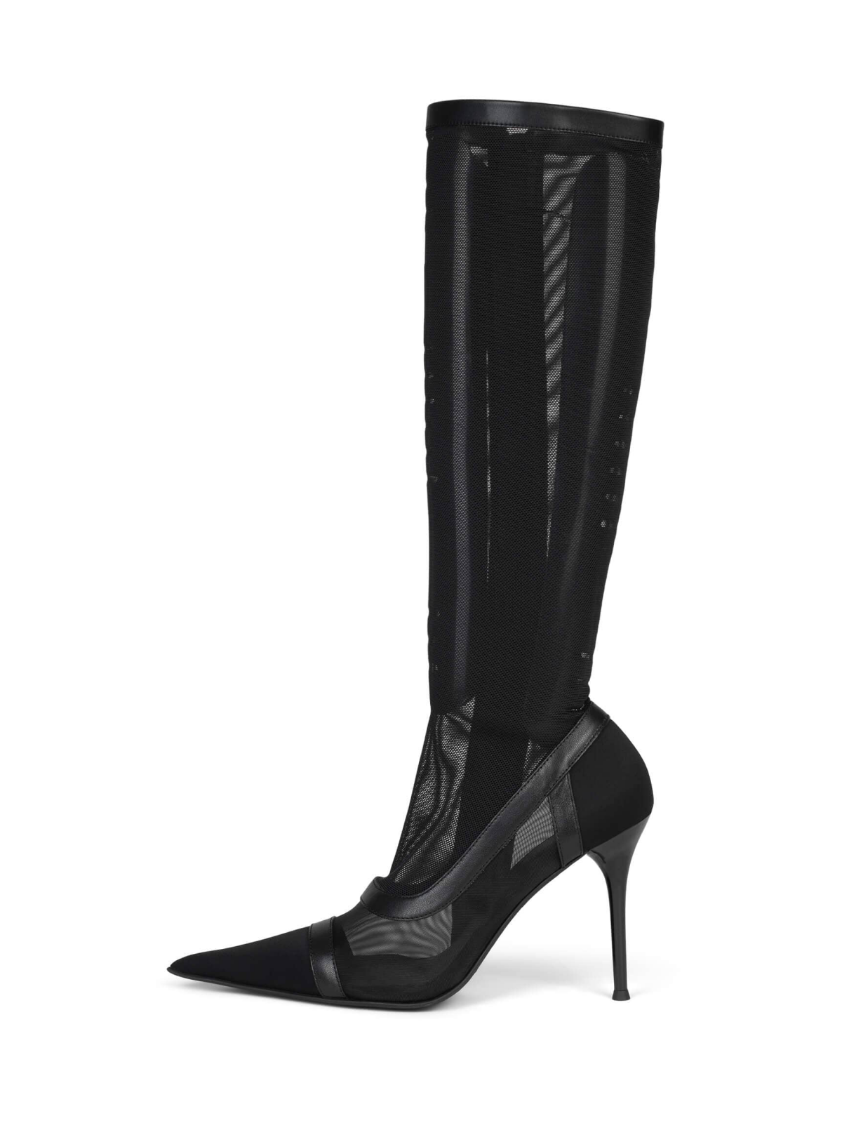 Black Pointed-Toe Full-Zip Mid Calf Stretch Mesh Stiletto Boots With Vegan Leather Contrast