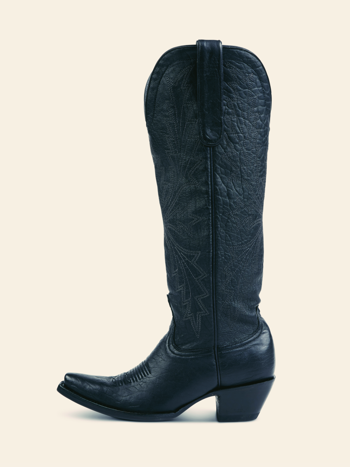 Glossy Black Crinkle Embroidered Snip-Toe Knee High Western Boots Cowgirl Tall Boots