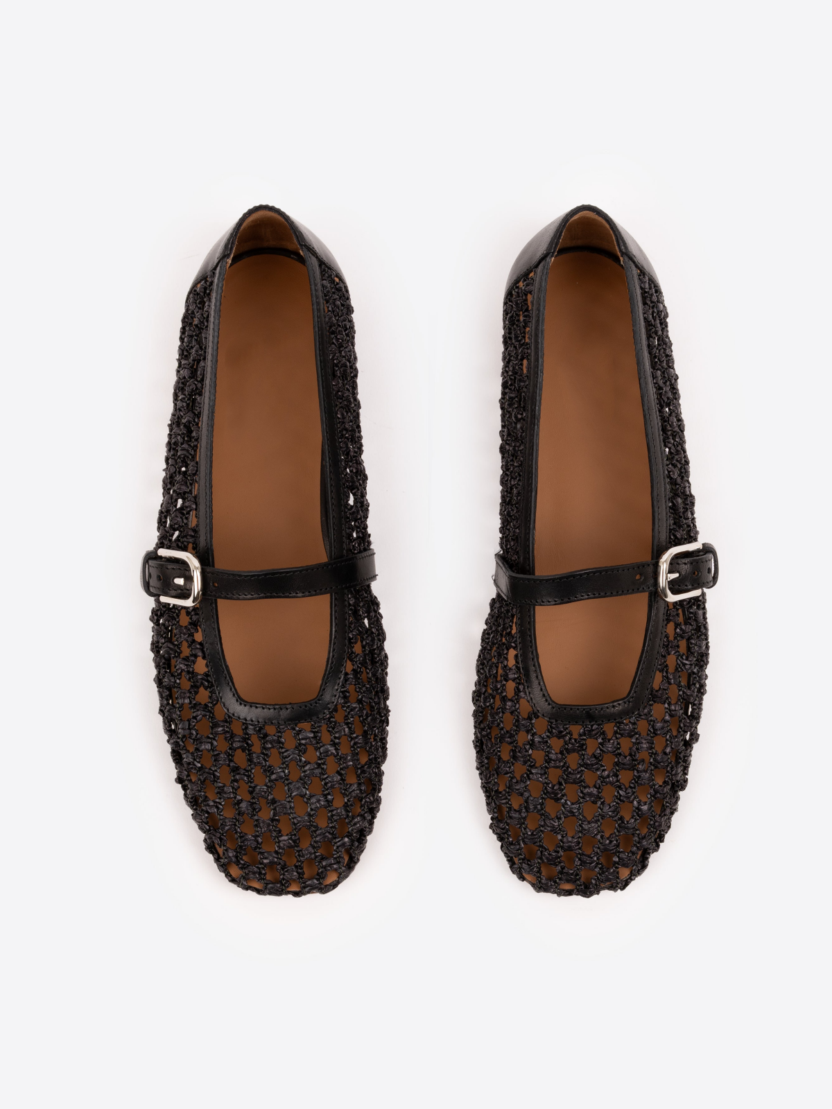 Black Raffia Woven Square Toe Ballet Flats Mary Janes With Buckled Strap