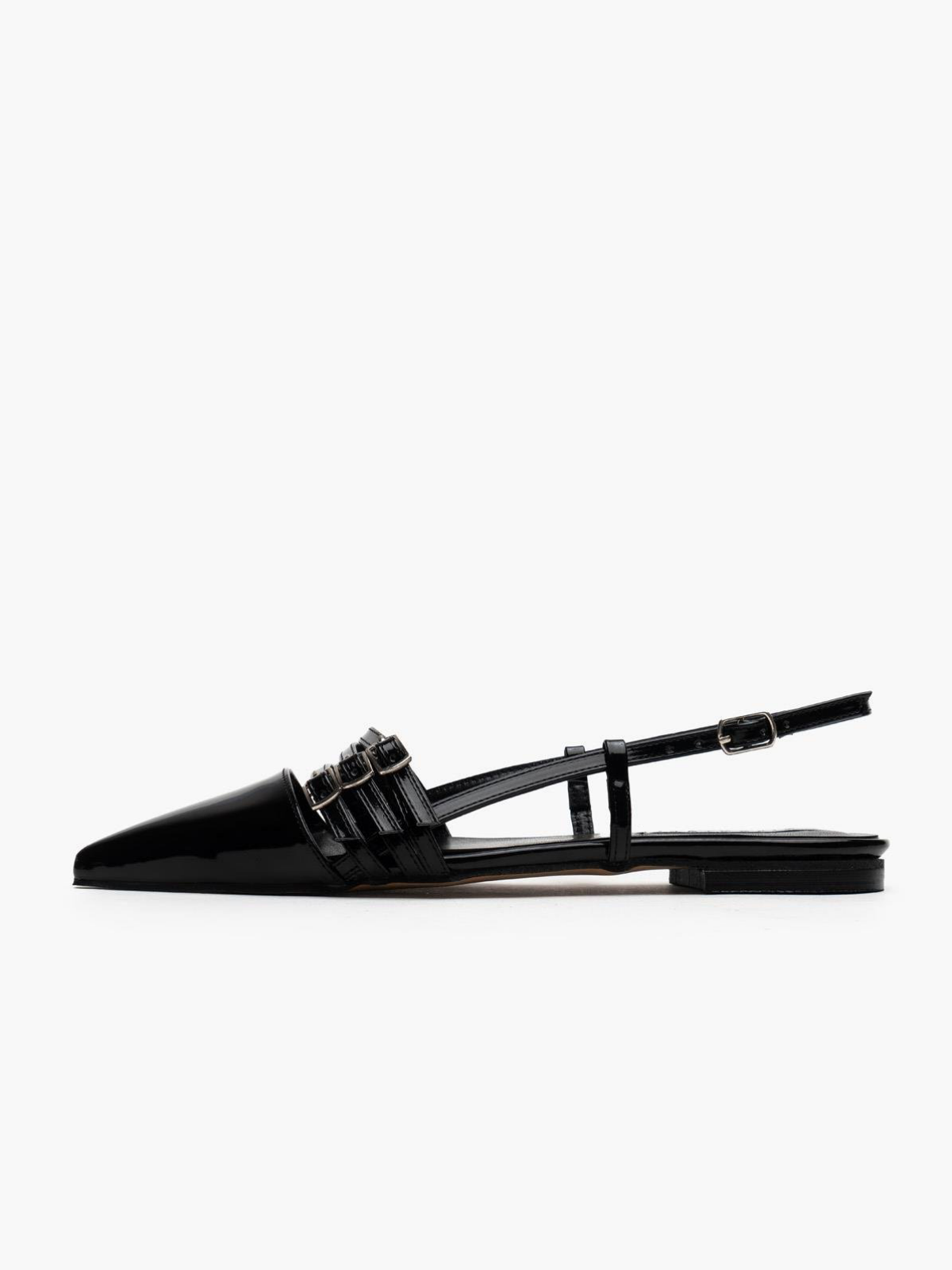 Black Patent Pointy Ballet Flats Slingbacks With Tripple Parallel Straps