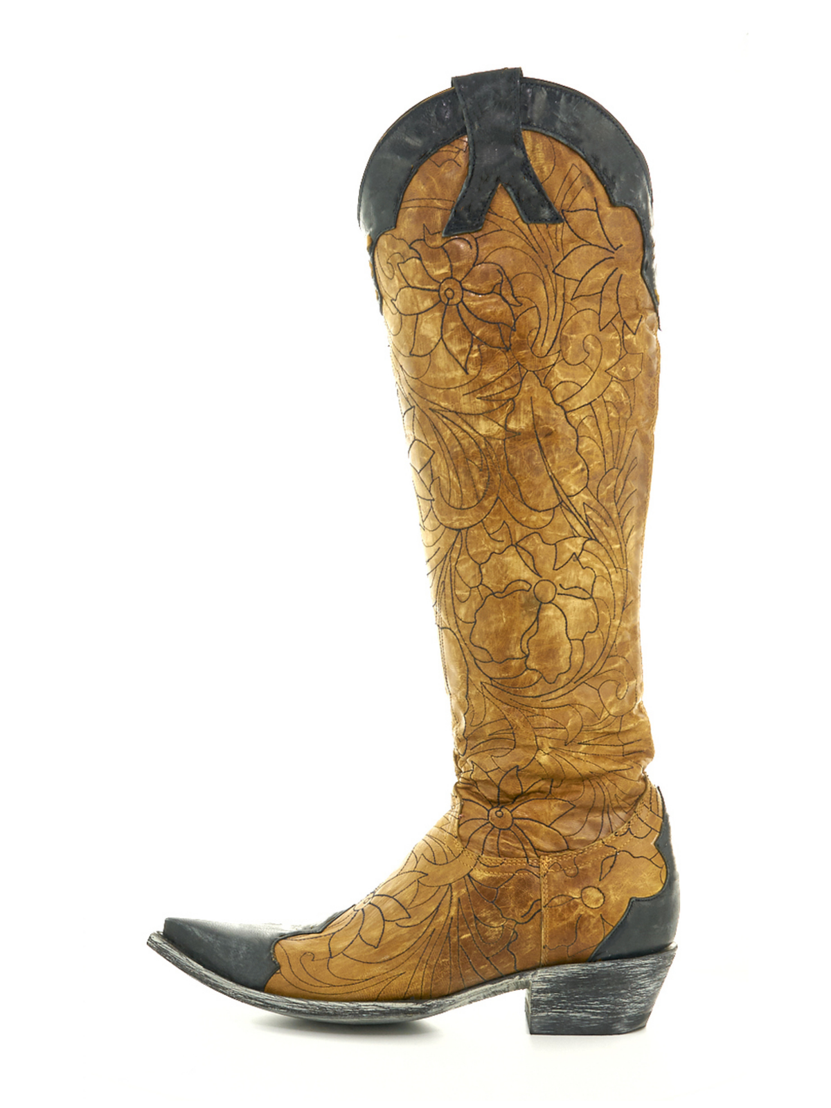 Distressed Yellow Snip-Toe Flower Embroidery Toebox Applique Half-Zip Tall Knee High Cowgirl Boots