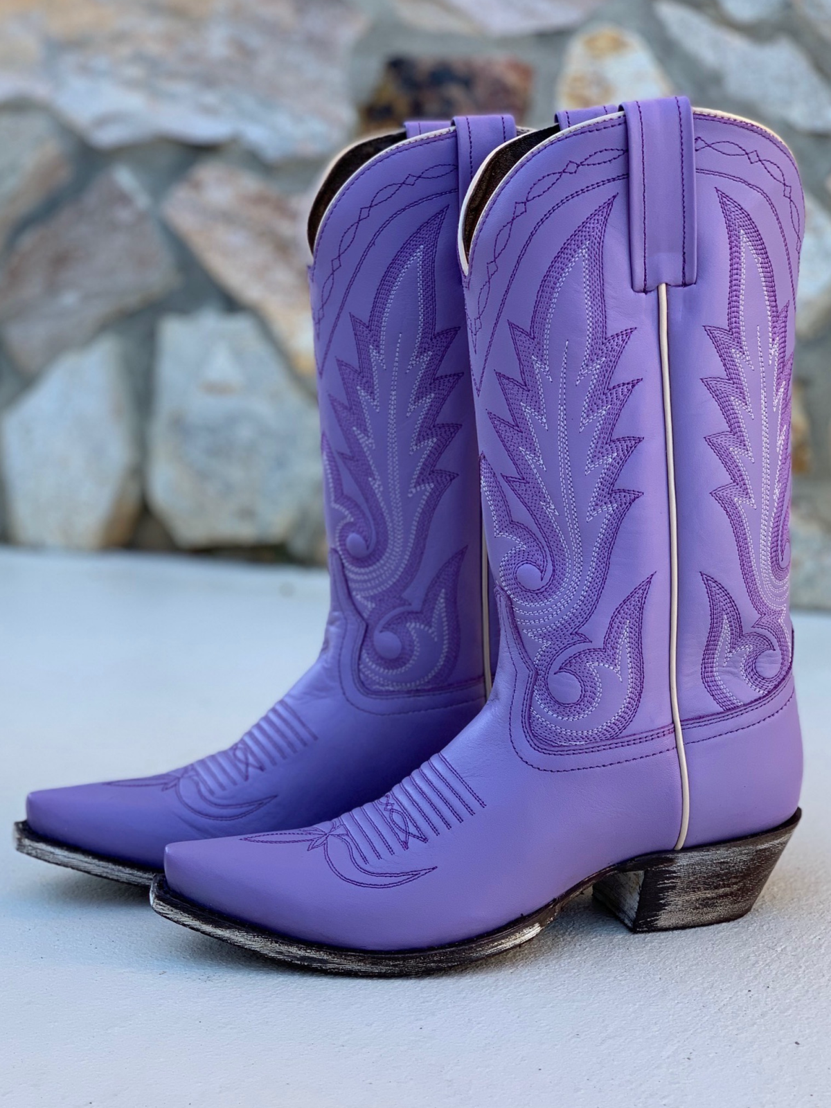 Lilac Purple Snip-Toe Embroidery Wide Mid Calf Tall Western Boots