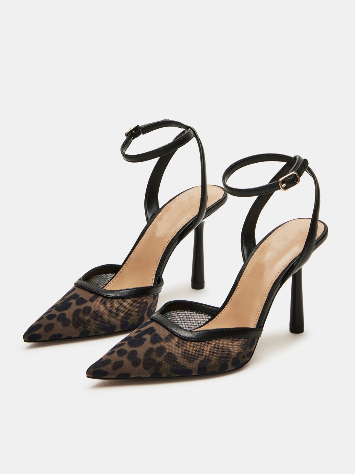 Leopard Mesh Pointed-Toe Crossed Ankle Strap Pump Kitten Heels ...