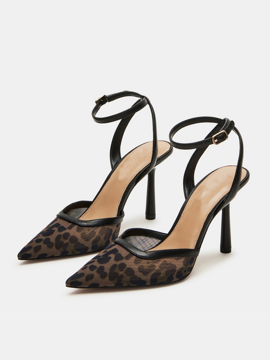 Leopard Mesh Pointed-Toe Crossed Ankle Strap Pump Kitten Heels