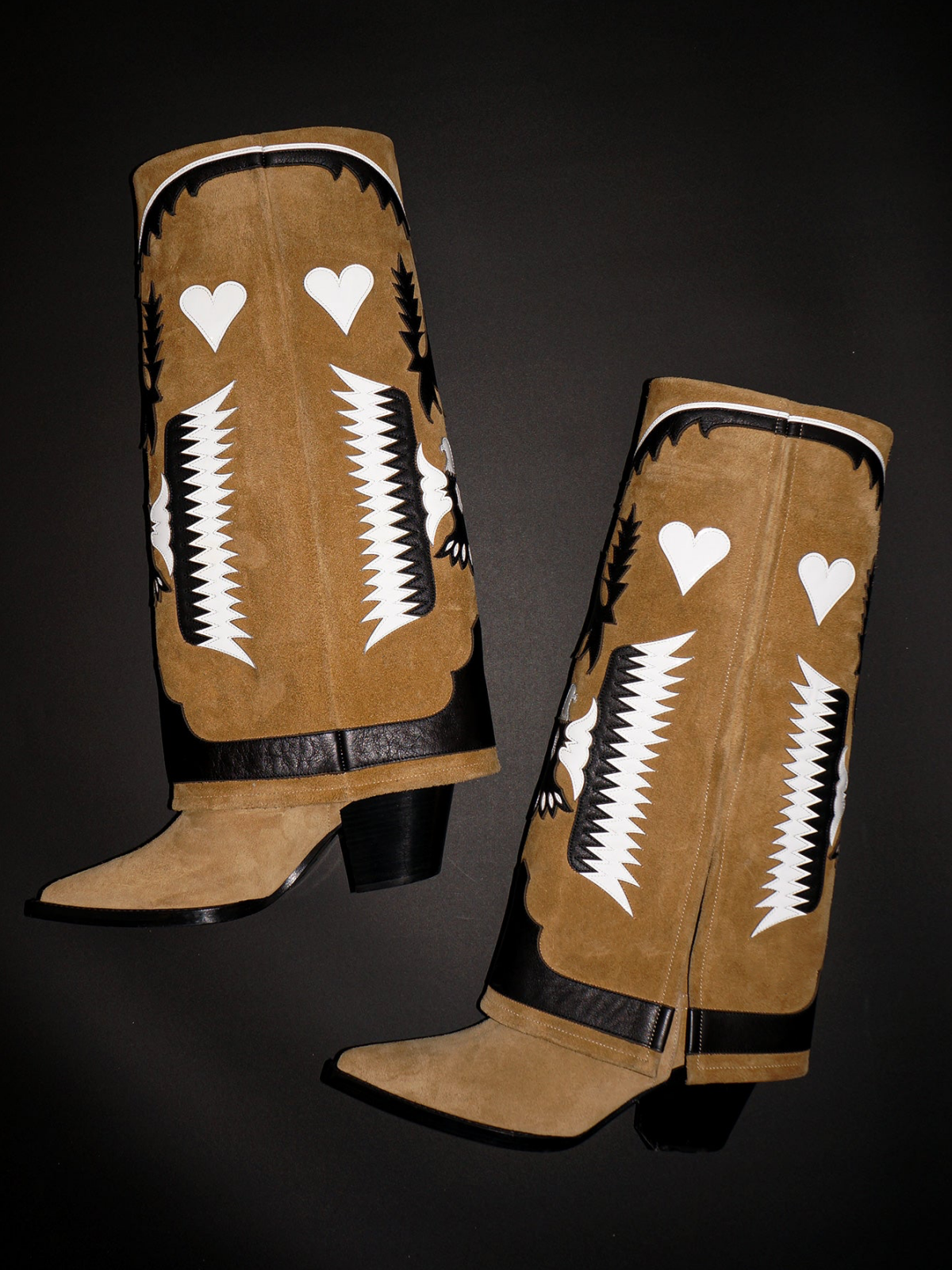 Fold-Over Panel Eagle And Heart Applique Wide Mid Calf Boots - Camel