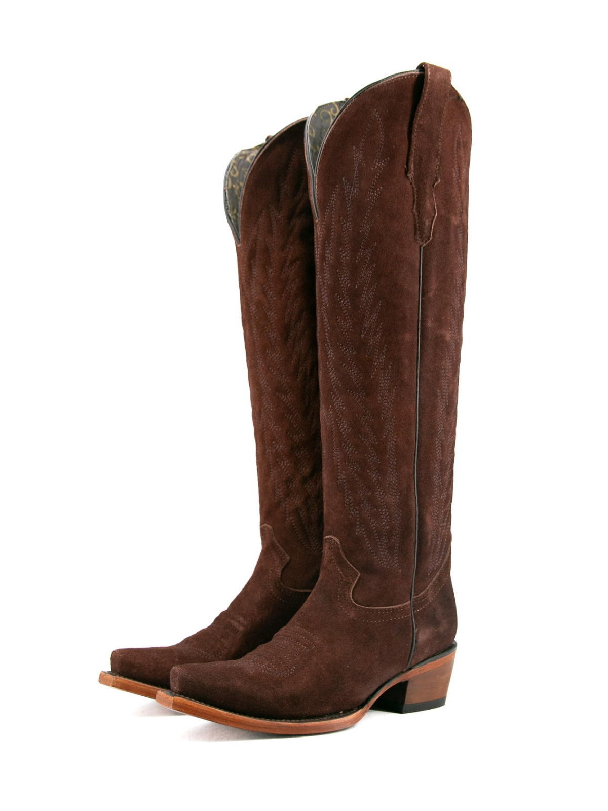 Faux Suede Snip-Toe Half-Zip Embroidery Knee High Tall Cowgirl Boots - Cafe