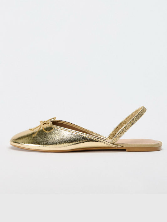 Metallic Gold Round-Toe Bow Back Strap Ballet Flats