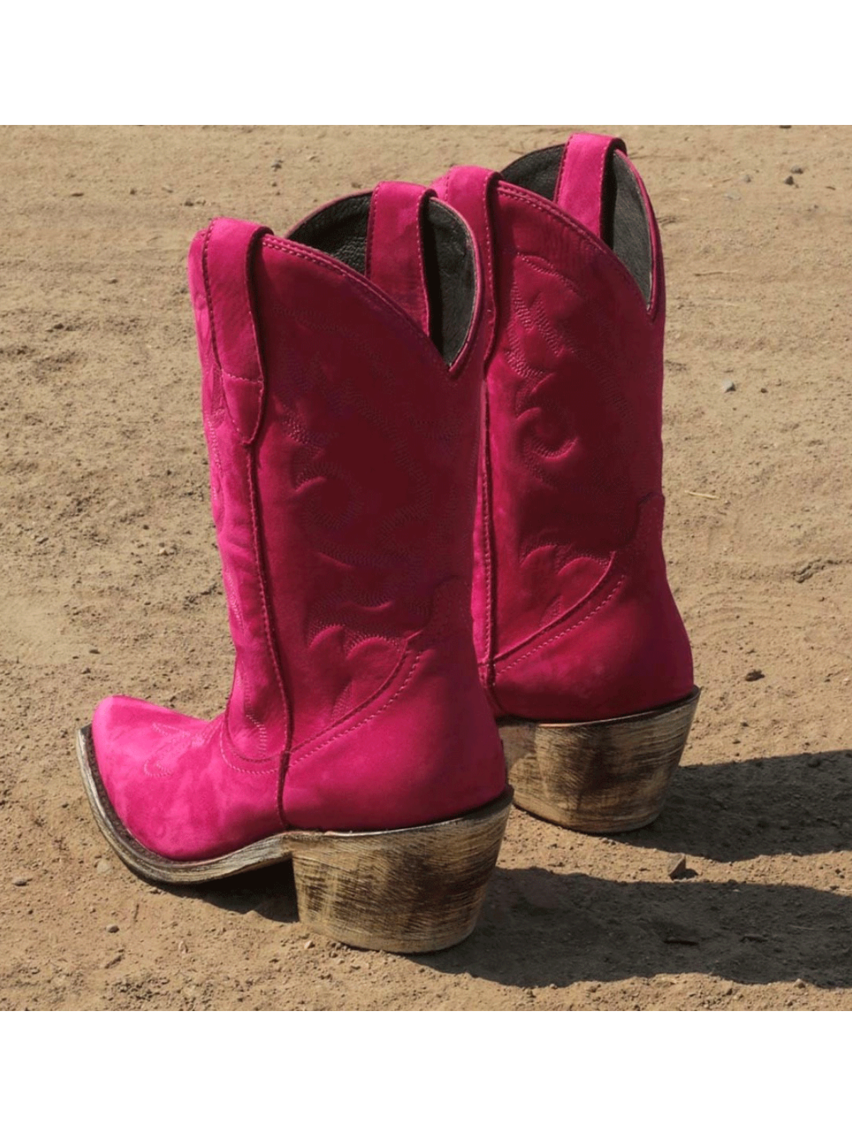 Embroidery Almond-Toe Wide Mid Calf Cowgirl Boots - Hot Pink Faux Suede