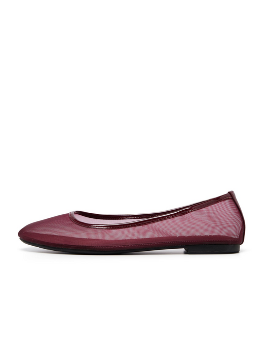 Cherry Red Patent Semi-Transparent Mesh Round-Toe Ballet Flats