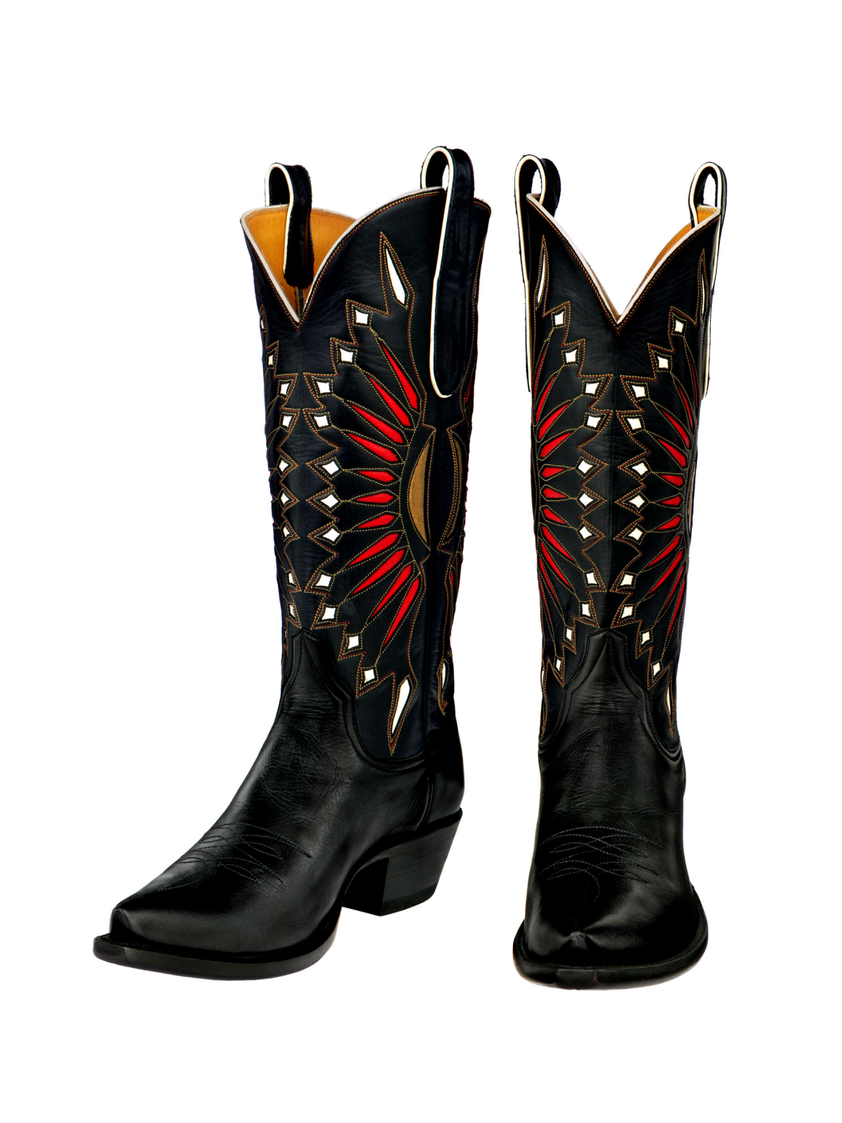 Black Moonburst Inlay Snip-Toe Wide Mid Calf Cowgirl Tall Boots