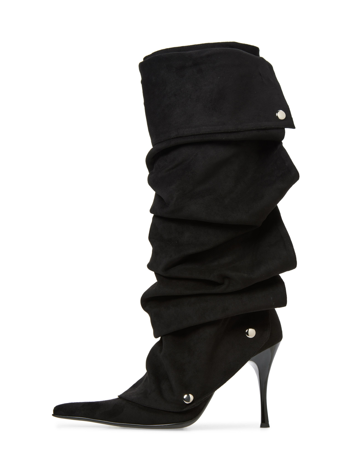 Black Faux Suede Pointed-Toe Studded Superslouchy Wide Calf Stiletto Boots