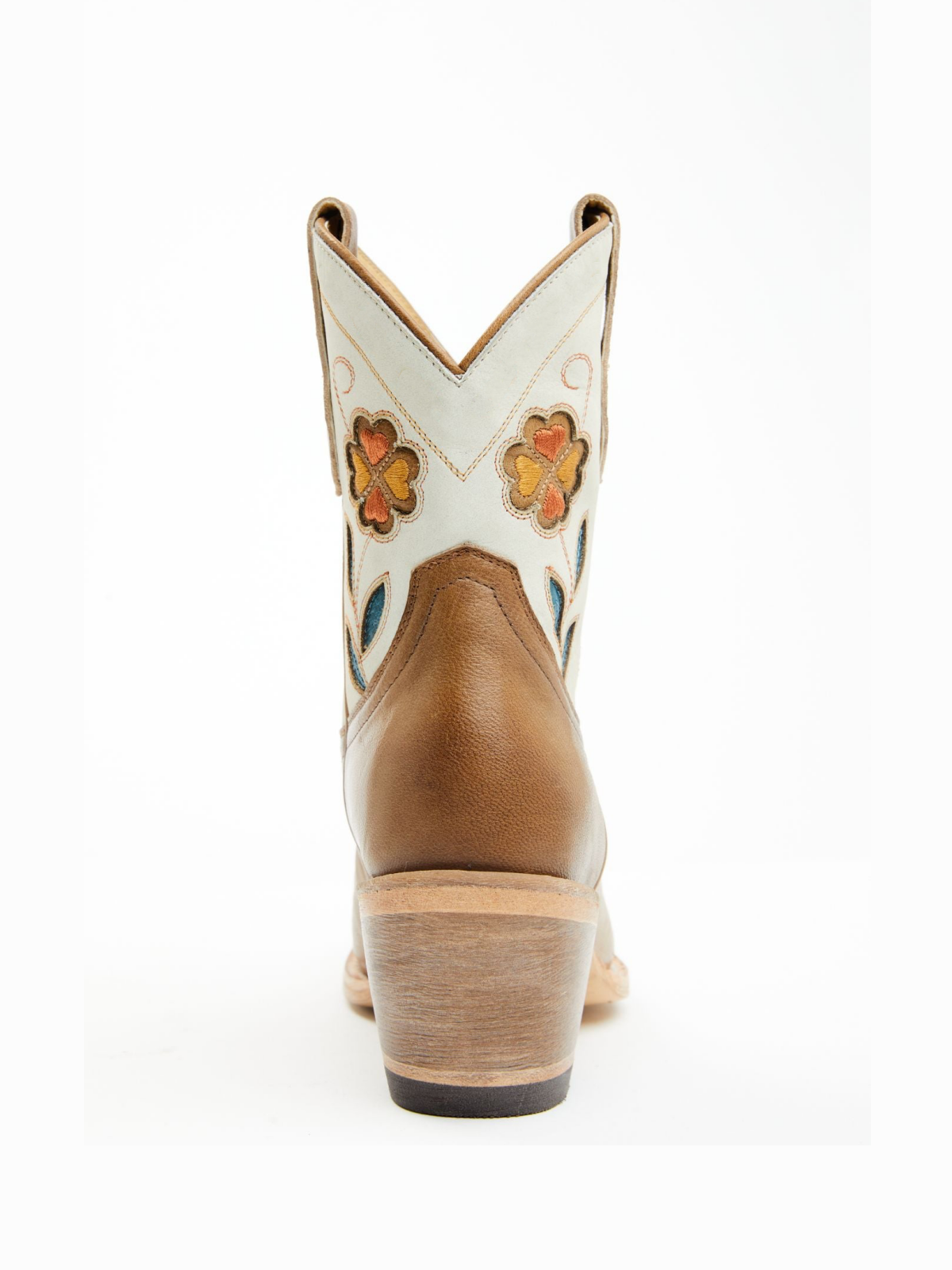 Contrast Tan And Ivory Almond-Toe Flowers Inlay Wide Mid Calf Cowgirl Boots