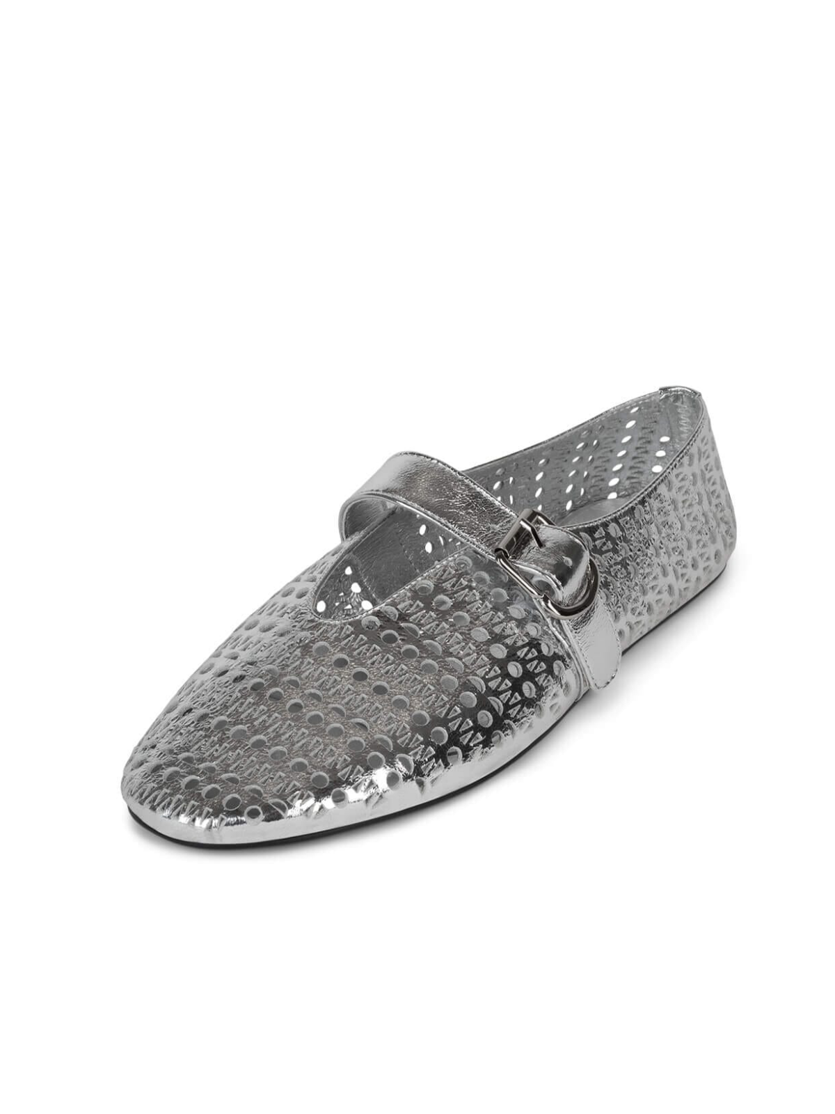 Metallic Silver Perforated Flats Cutout Mary Janes With Buckled Strap