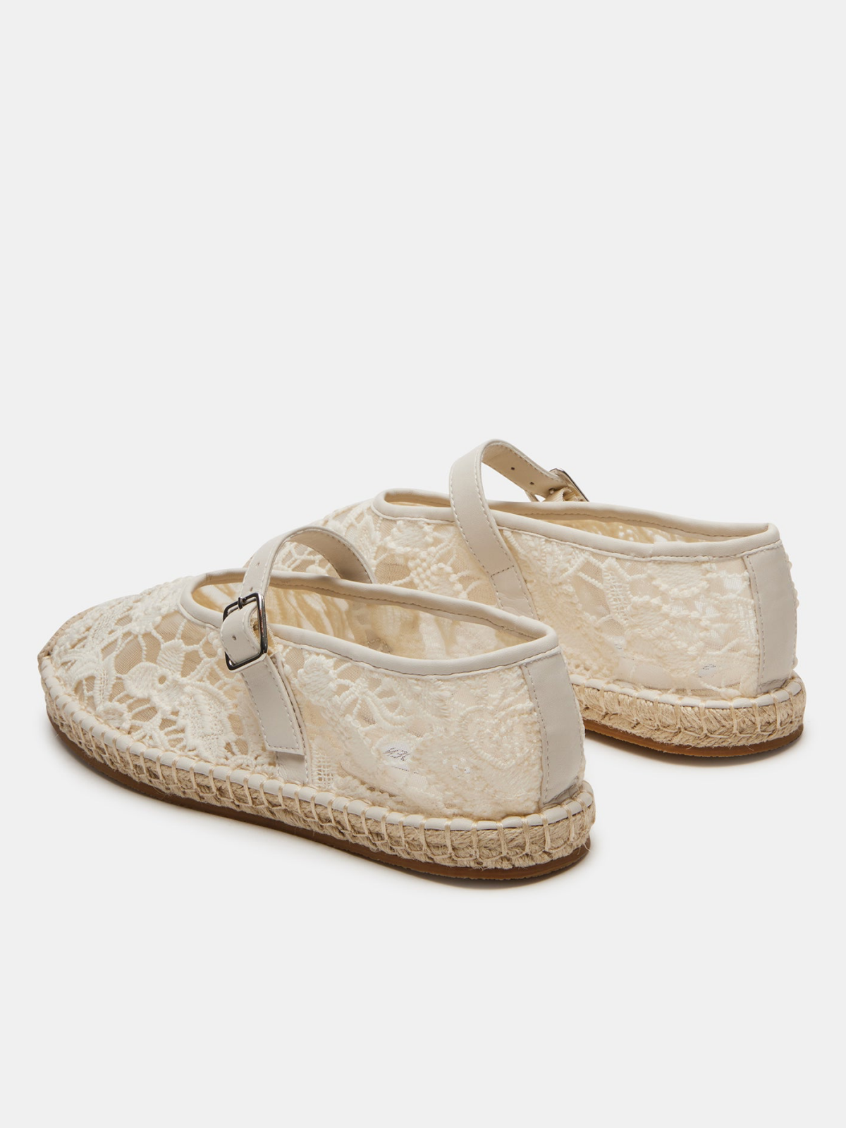 White Round-Toe Bridge Strap Side Buckle Lace Mesh Mary Janes Espadrille Flats