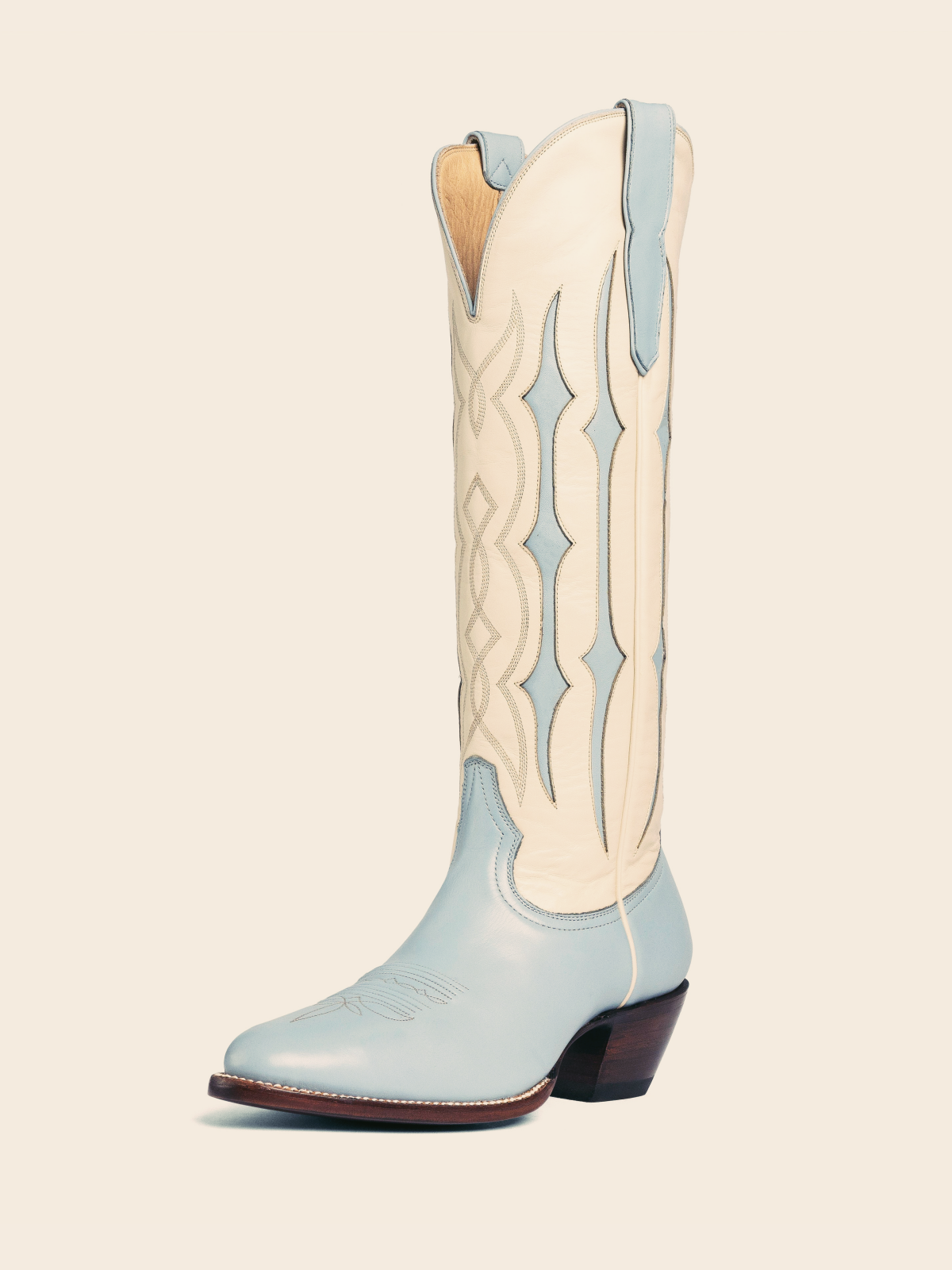 Baby Blue Contrast Inlay Stitch Almond-Toe Wide Mid Calf Western Cowgirl Boots