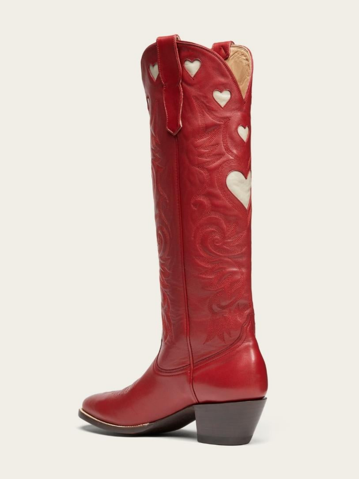 Ivory Heart Inlay Embroidery Almond-Toe Tall Wide Mid Calf Cowgirl Boots - Red