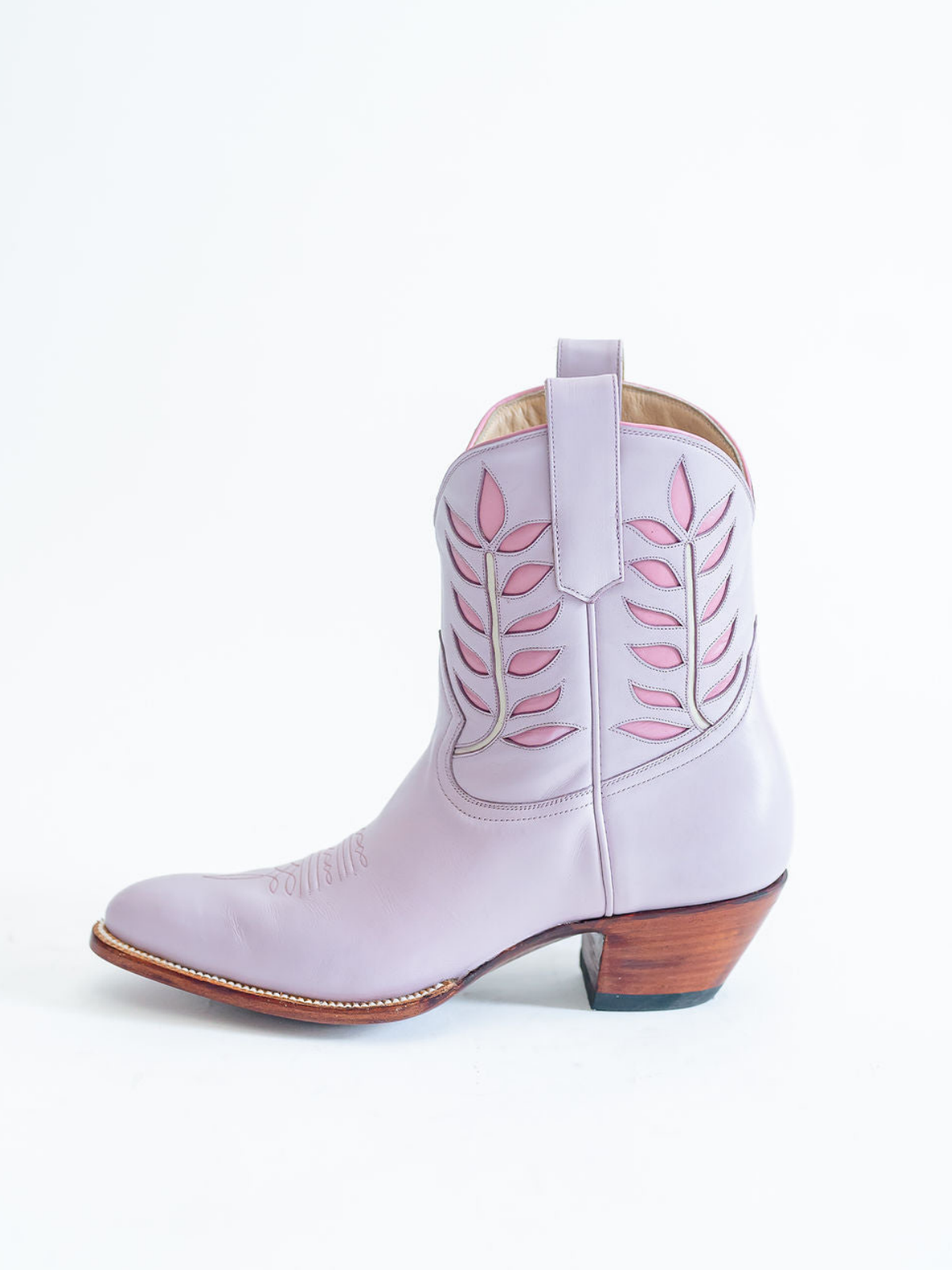 Lavender Almond-Toe Leaves Inlay Wide Mid Calf Cowgirl Boots