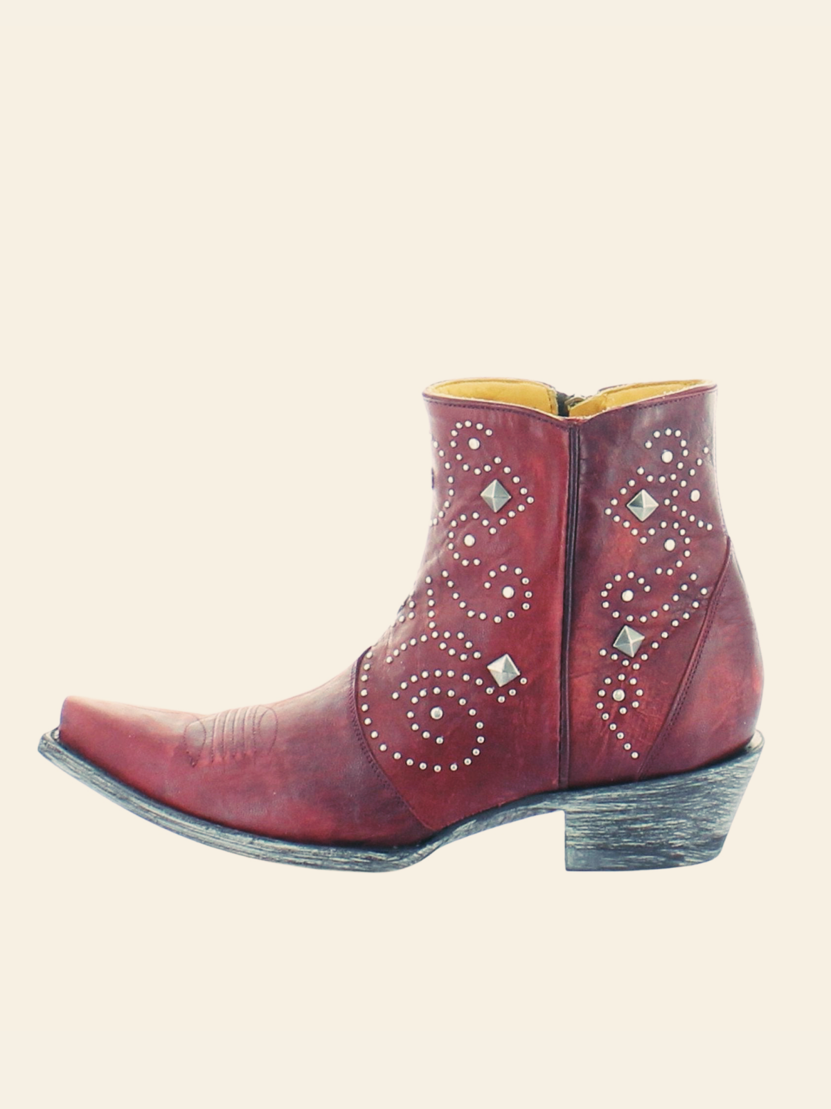 Red Snip-Toe Studded Full-Zip Short Mid Calf Cowgirl Boots