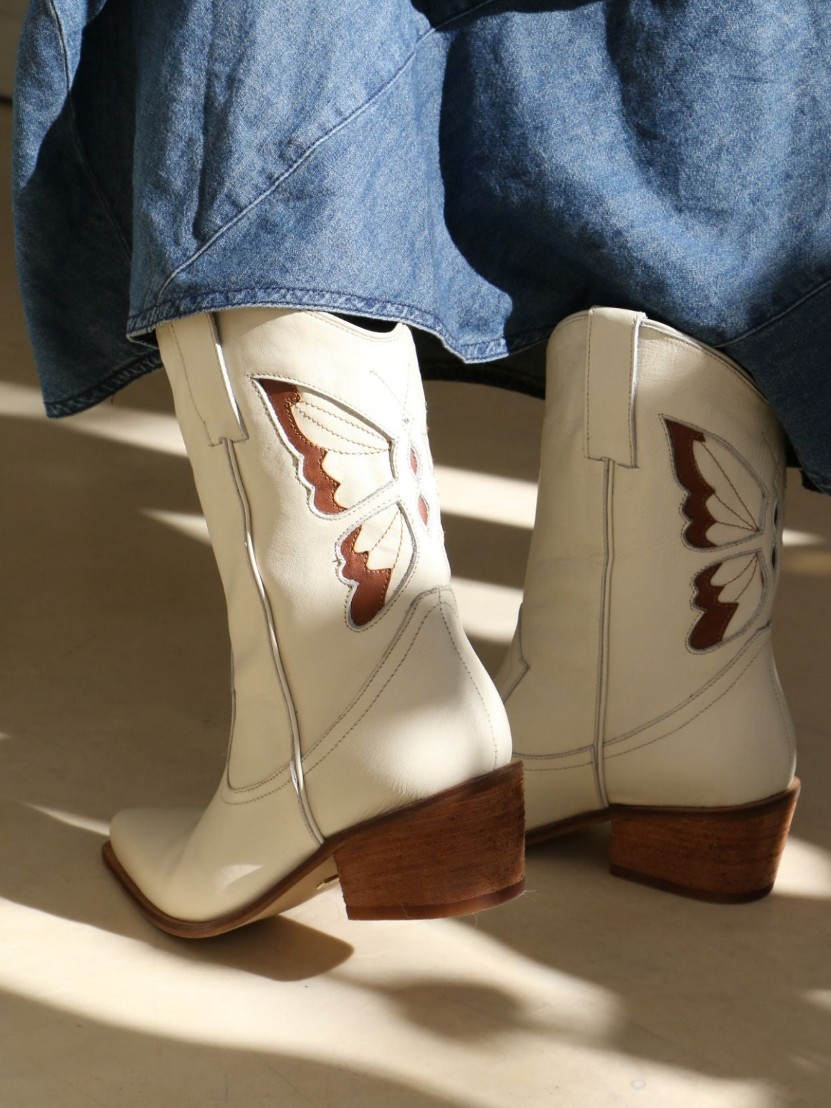 Ivory Snip-Toe Tan Butterfly Inlay Wide Mid Calf Cowgirl Boots