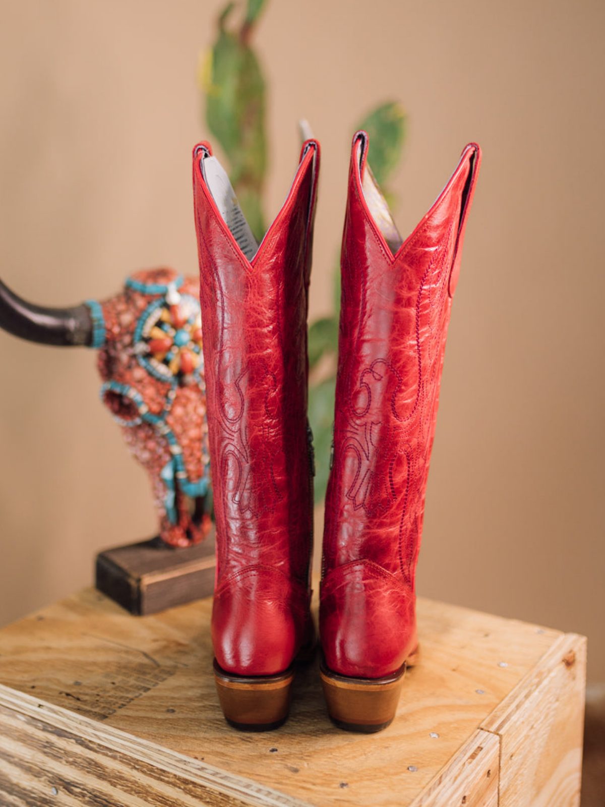 Distressed Red Eagle Embroidery Snip-Toe Half-Zip Cowgirl Knee High Tall Boots