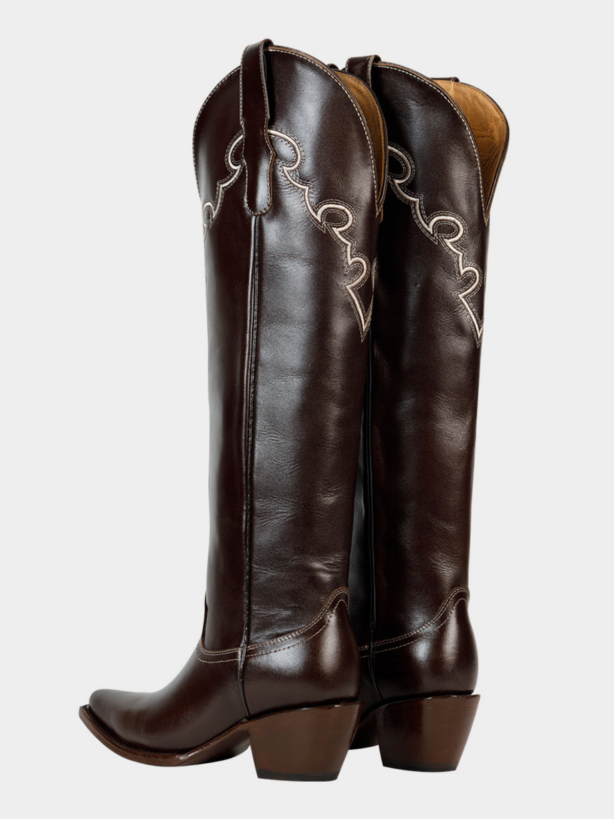 Coffee Brown Snip-Toe Embroidery Wide Calf Tall Knee High Cowgirl Boots