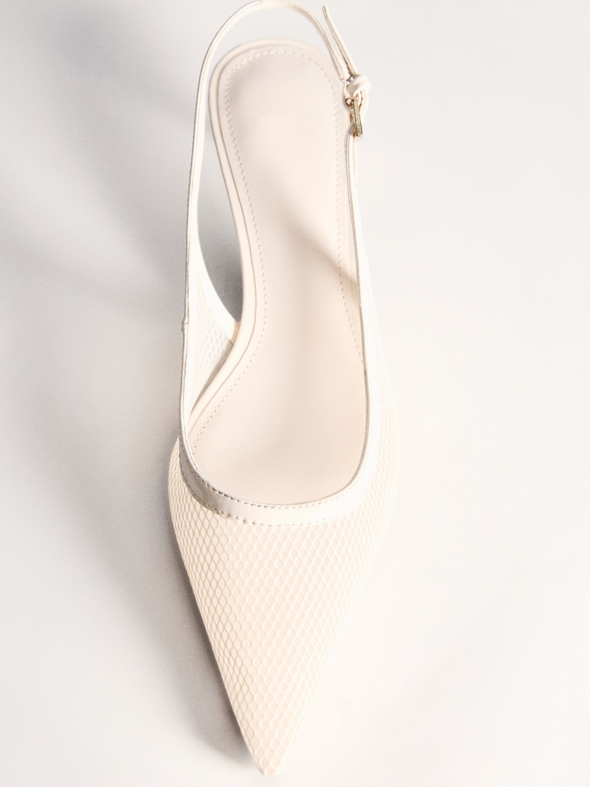 Ivory Pointed-Toe Slingback Buckle Mesh Kitten Heels