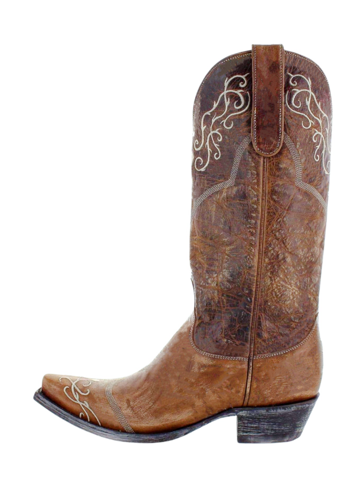 Distressed Brown Snip-Toe Embroidery Tall Wide Mid Calf Cowgirl Boots