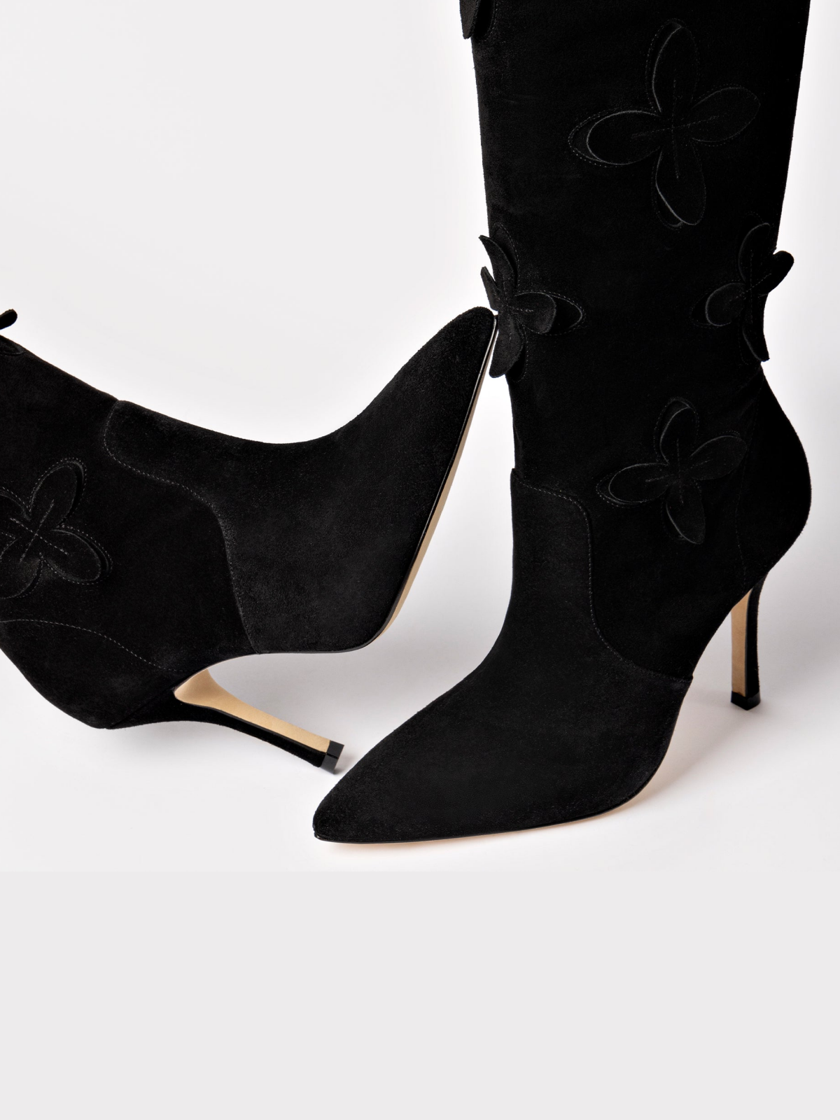 Black Faux Suede Pointed-Toe Floral Applique Wide Calf Over-The-Knee Tall Stiletto Boots