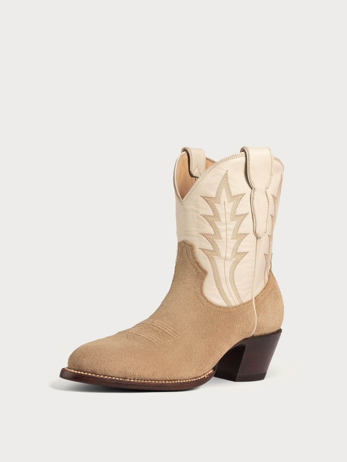 Contrast Tan Faux Suede And Ivory Almond-Toe Embroidery Wide Mid Calf Western Boots