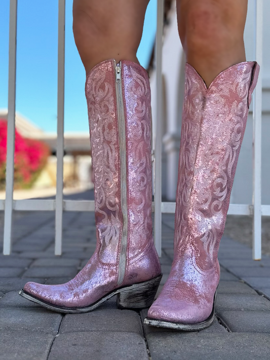 Distressed Metallic Round Pointed-Toe Embroidery Full-Zip Tall Knee High Cowgirl Boots - Pink