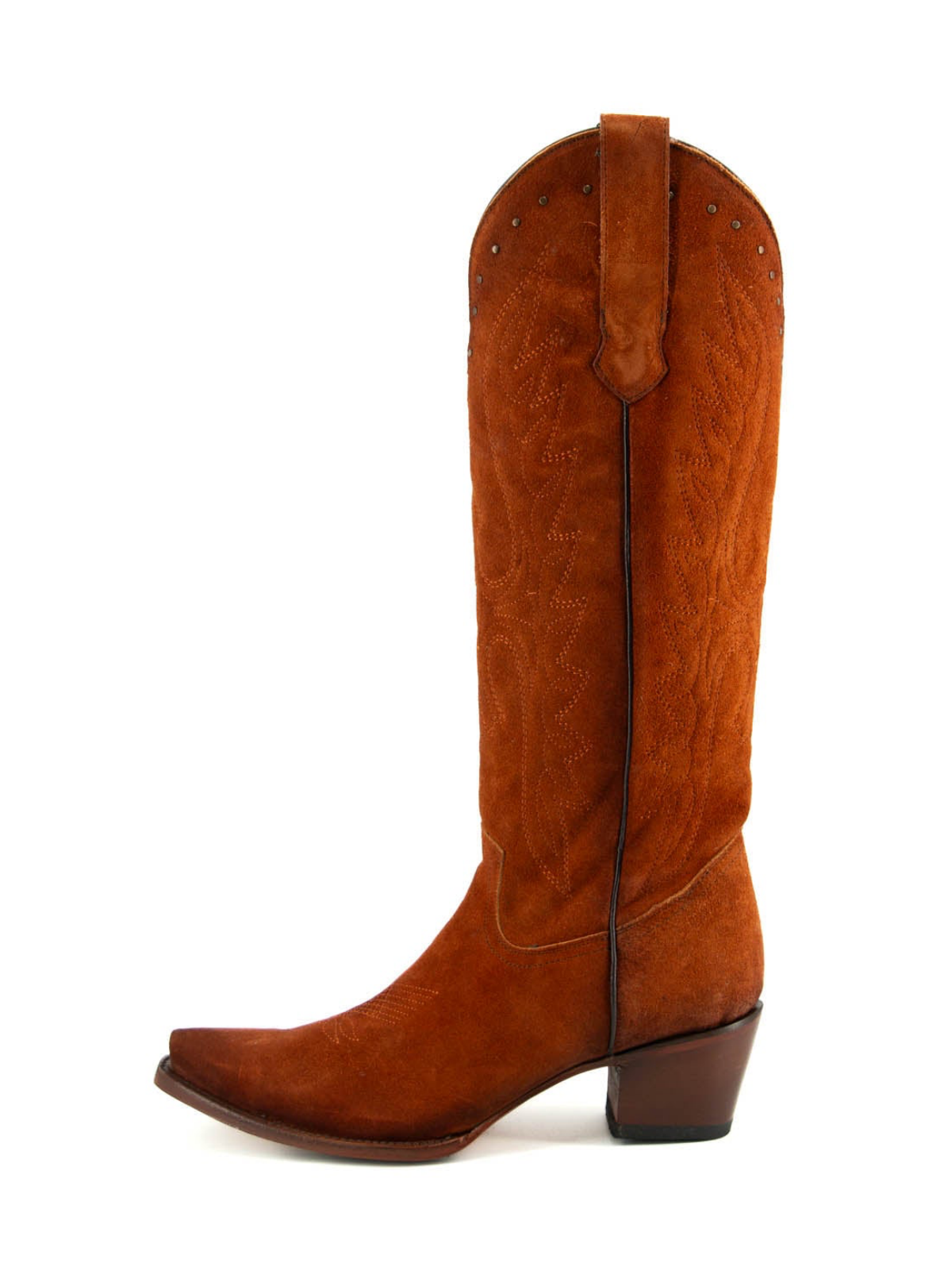 Brown Faux Suede Eagle Embroidery Studded Snip-Toe Half-Zip Tall Knee High Cowgirl Boots