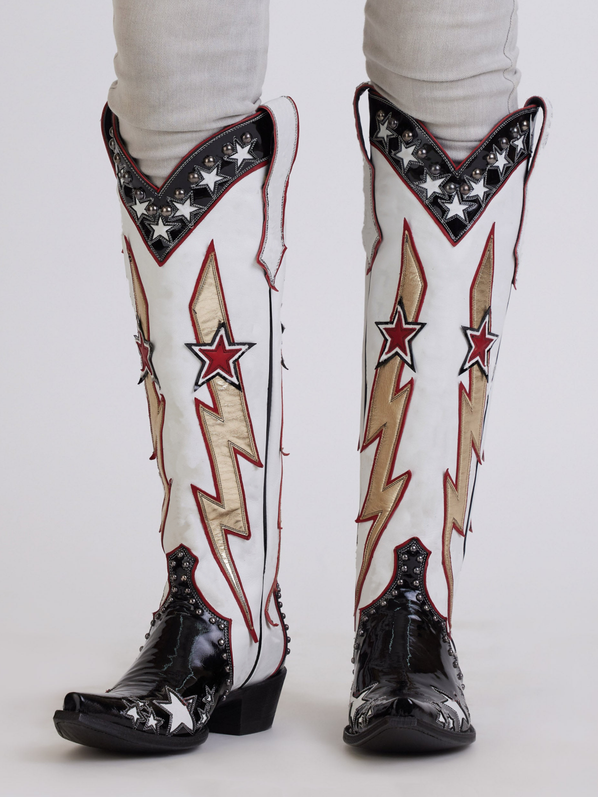 Contrast Black Patent And White Studded Star Lightning Wide Calf Knee High Tall Cowgirl Boots