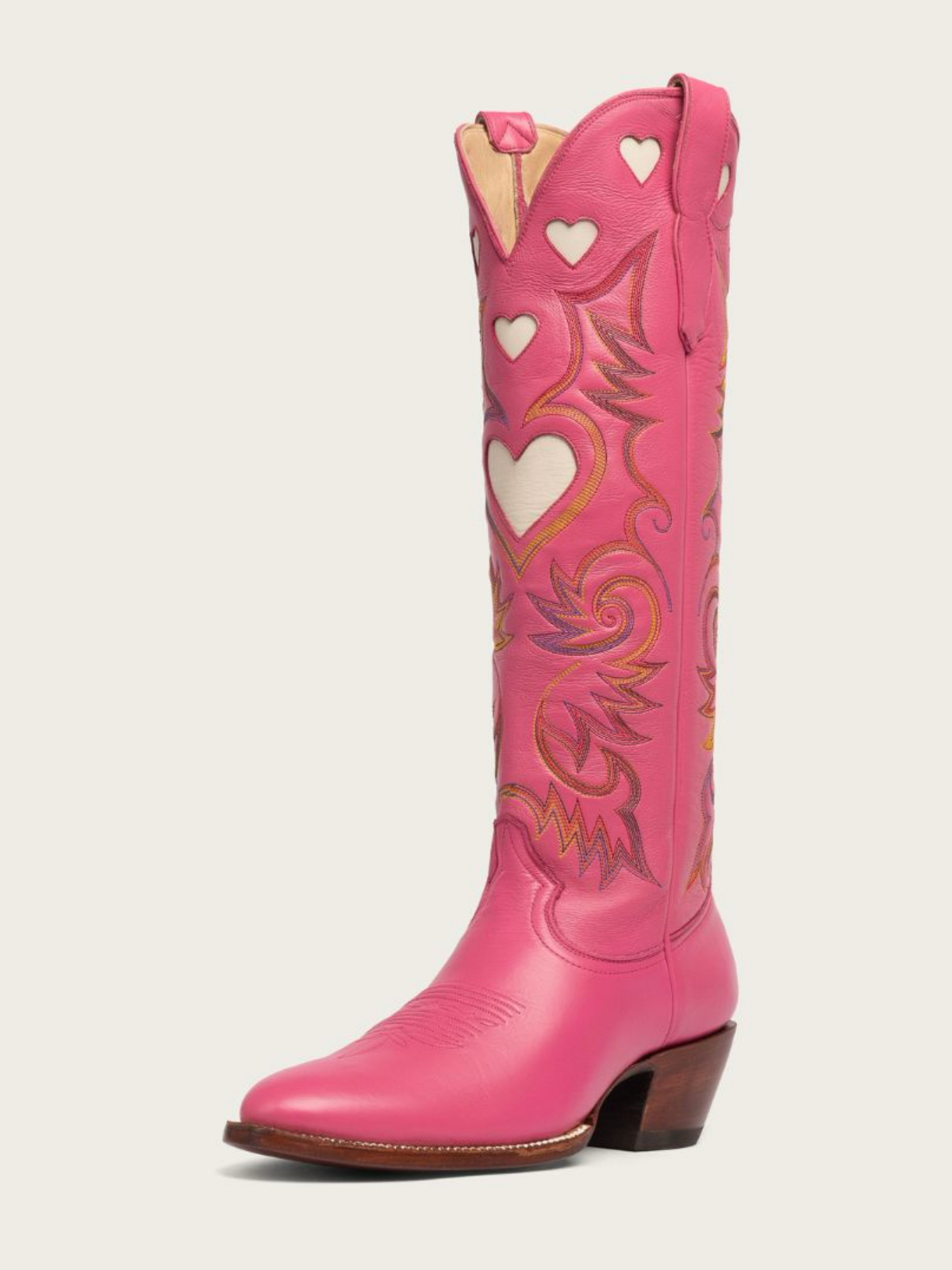 Ivory Heart Inlay Embroidery Almond-Toe Tall Wide Mid Calf Cowgirl Boots - Hot Pink