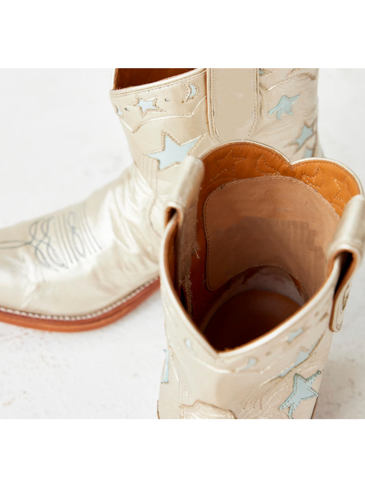 Metallic Light Gold Snip-Toe Light Blue Stars Inlay Wide Calf Cowgirl Ankle Booties