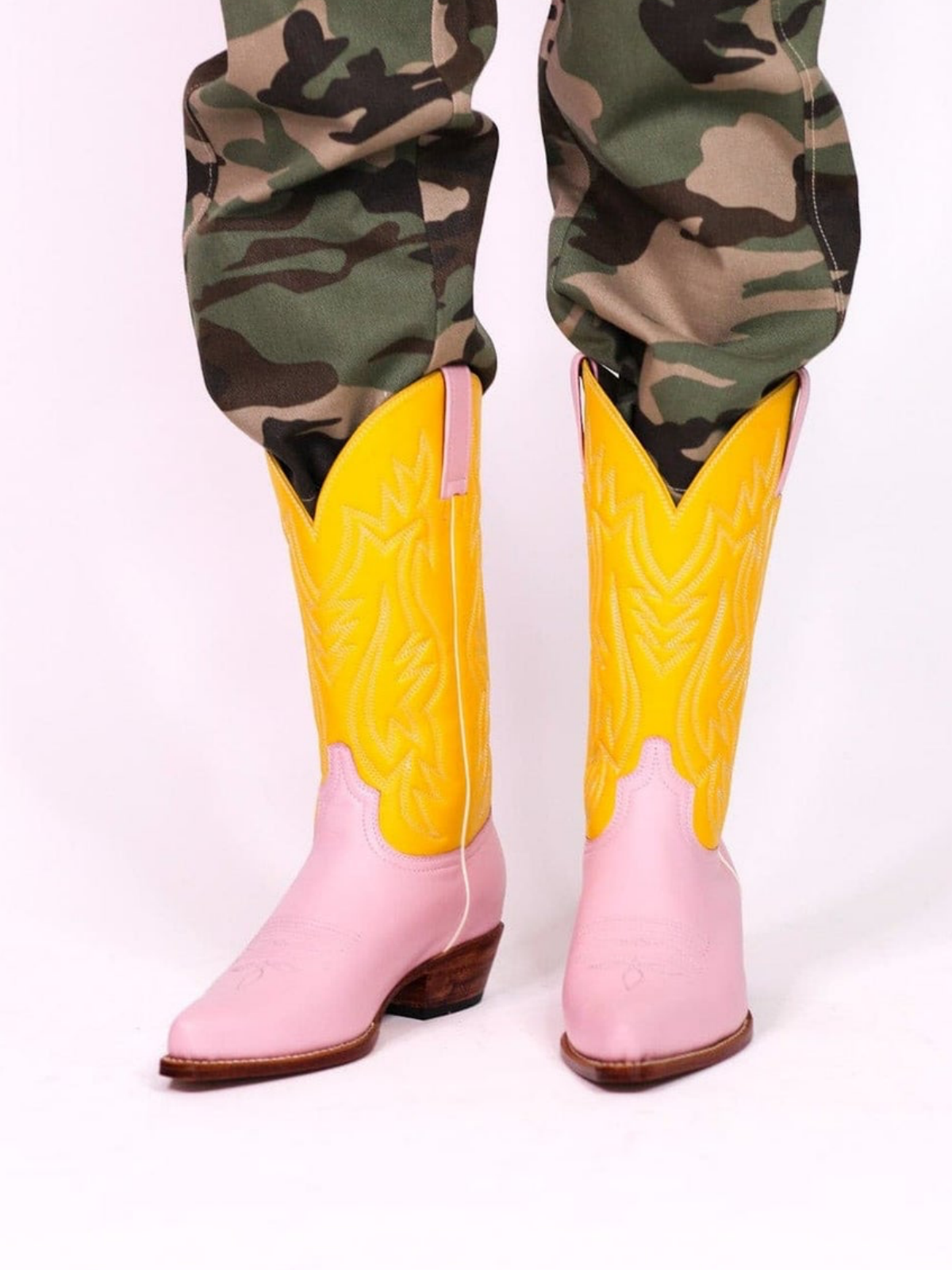 Contrast Yellow And Pink Snip-Toe Embroidery Wide Mid Calf Cowgirl Boots