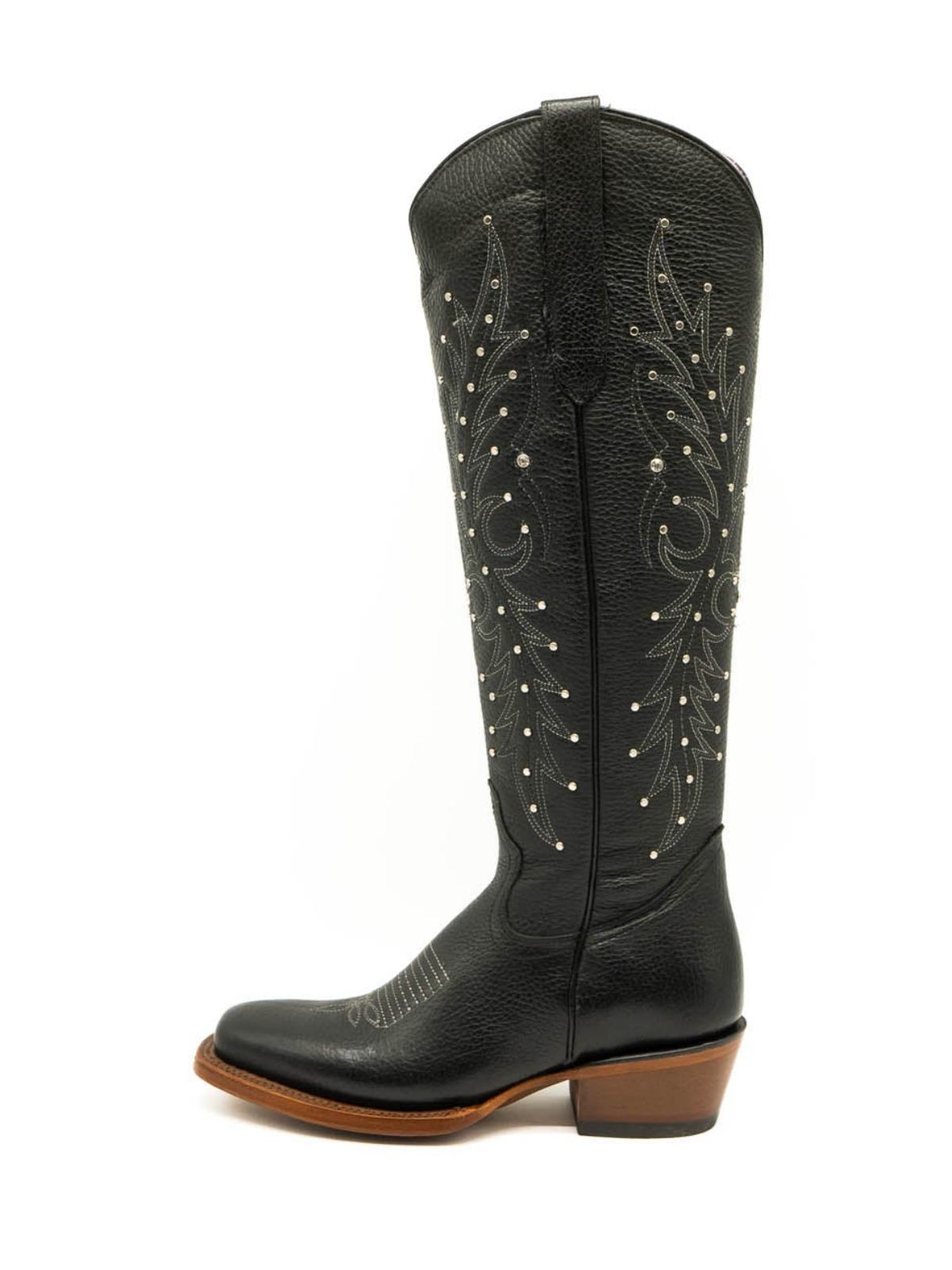 Studded Rhinestone Square-Toe Embroidery Half-Zip Tall Knee High Cowgirl Boots - Black