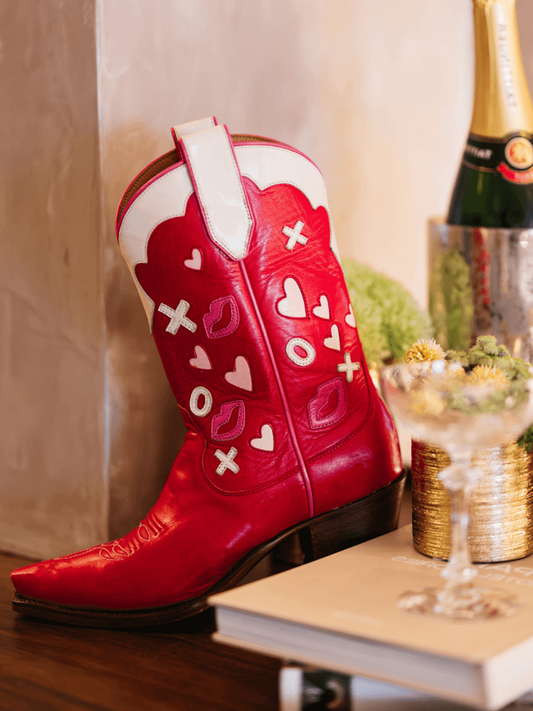 Red Snip-Toe Wide Mid Calf Cowgirl Boots With Inlays And Appliques