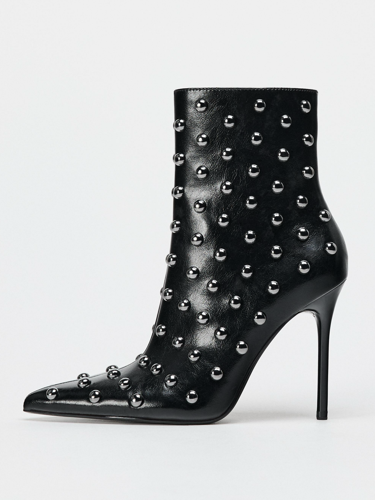 Black Pointed-Toe Studded Full-Zip Stiletto Ankle Booties