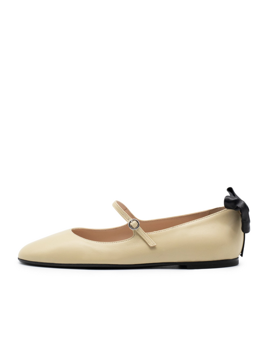 Beige Bow Round-Toe Ballet Flats Mary Janes With Buckled Strap