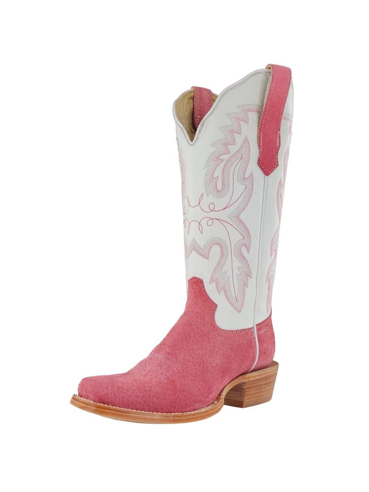 Contrast Rose Pink Faux Suede And White Embroidery Square-Toe Wide Mid Calf Cowgirl Tall Boots