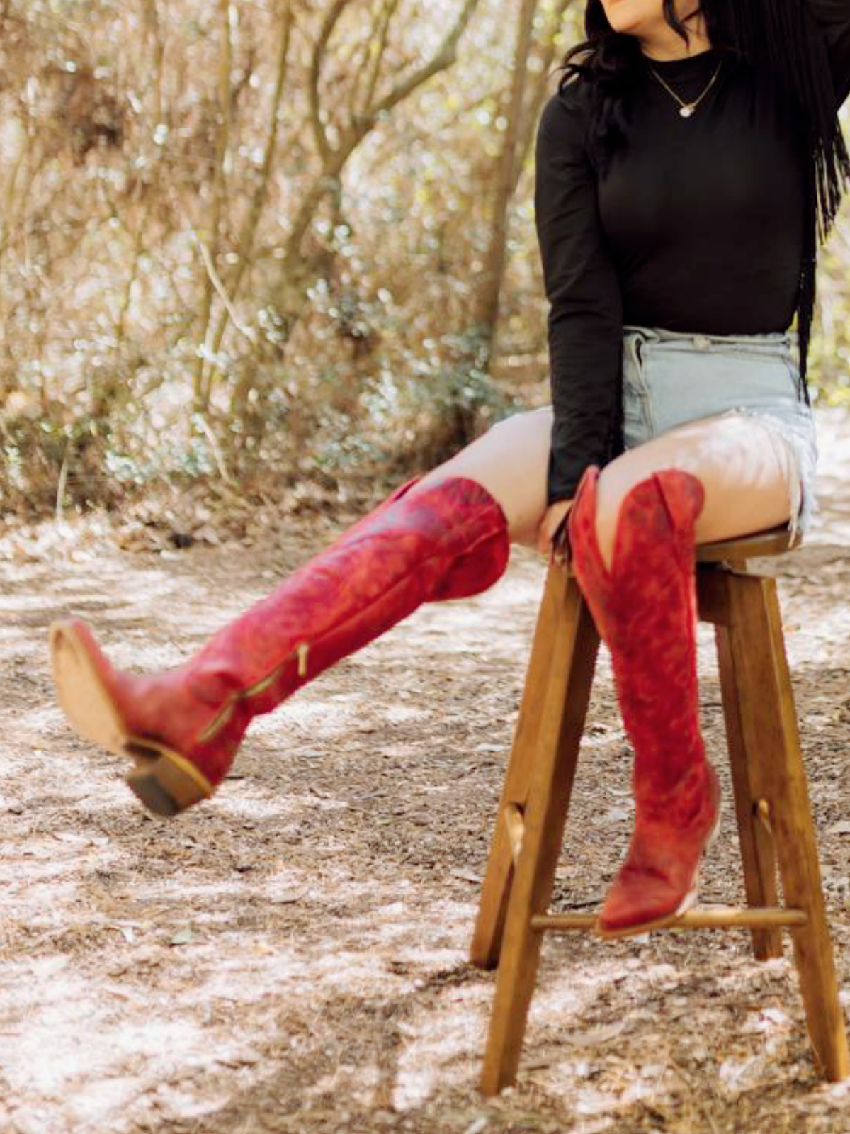 Eagle Embroidery Distressed Snip-Toe Half-Zip Over-The-Knee Tall Cowgirl Boots - Red