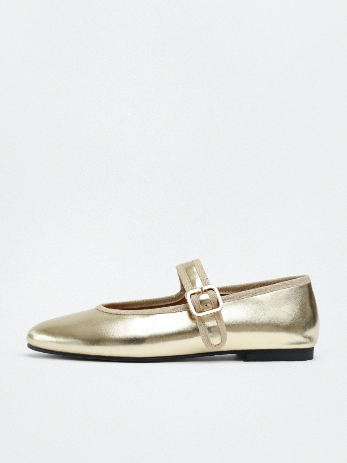 Metallic Gold Buckled Detailed Oval Ballet Flats Mary Janes With Wide Strap