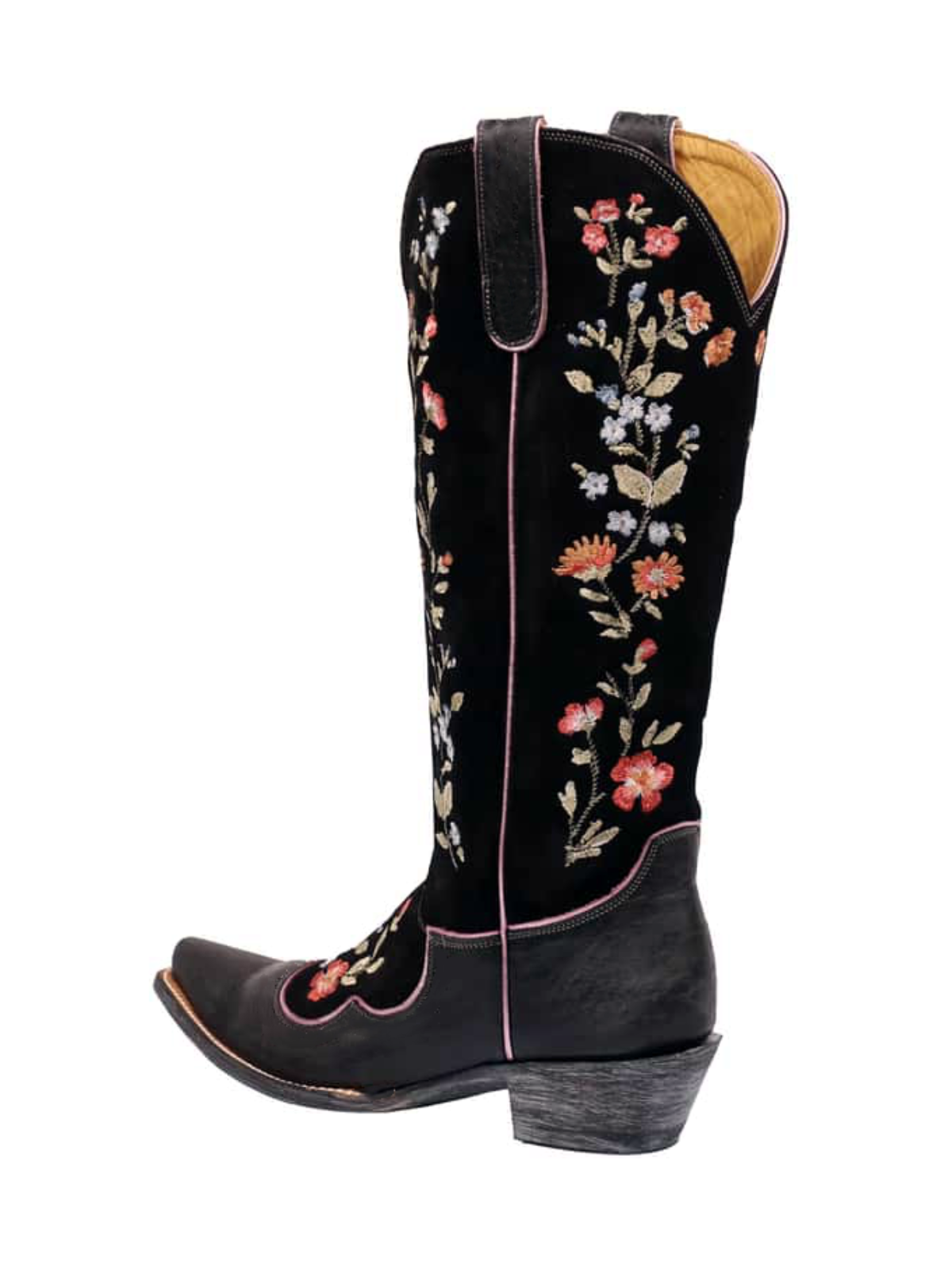 Black Contrast Vegan Leather And Faux Suede With Colorful Floral Embroidery Wide Mid Calf Cowgirl Boots