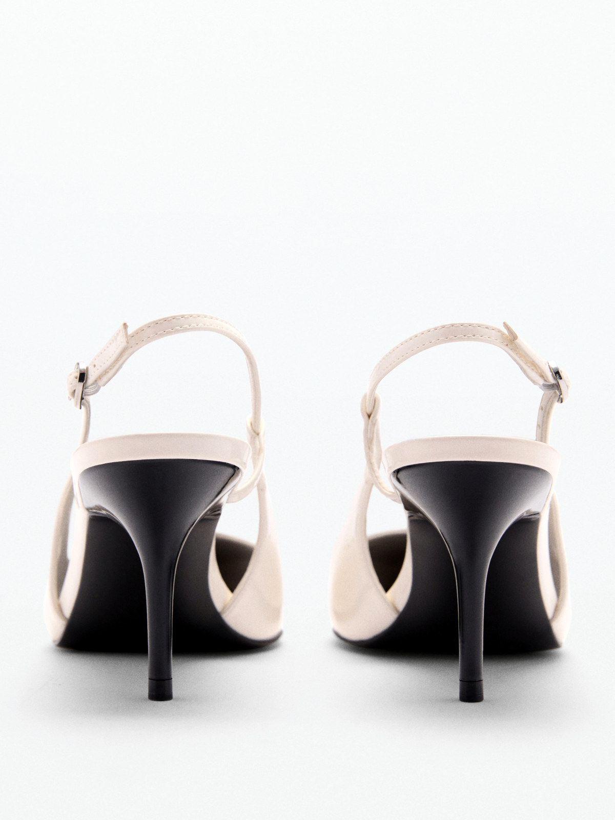 White Patent Pointed-Toe Slingback Buckle Kitten Heels