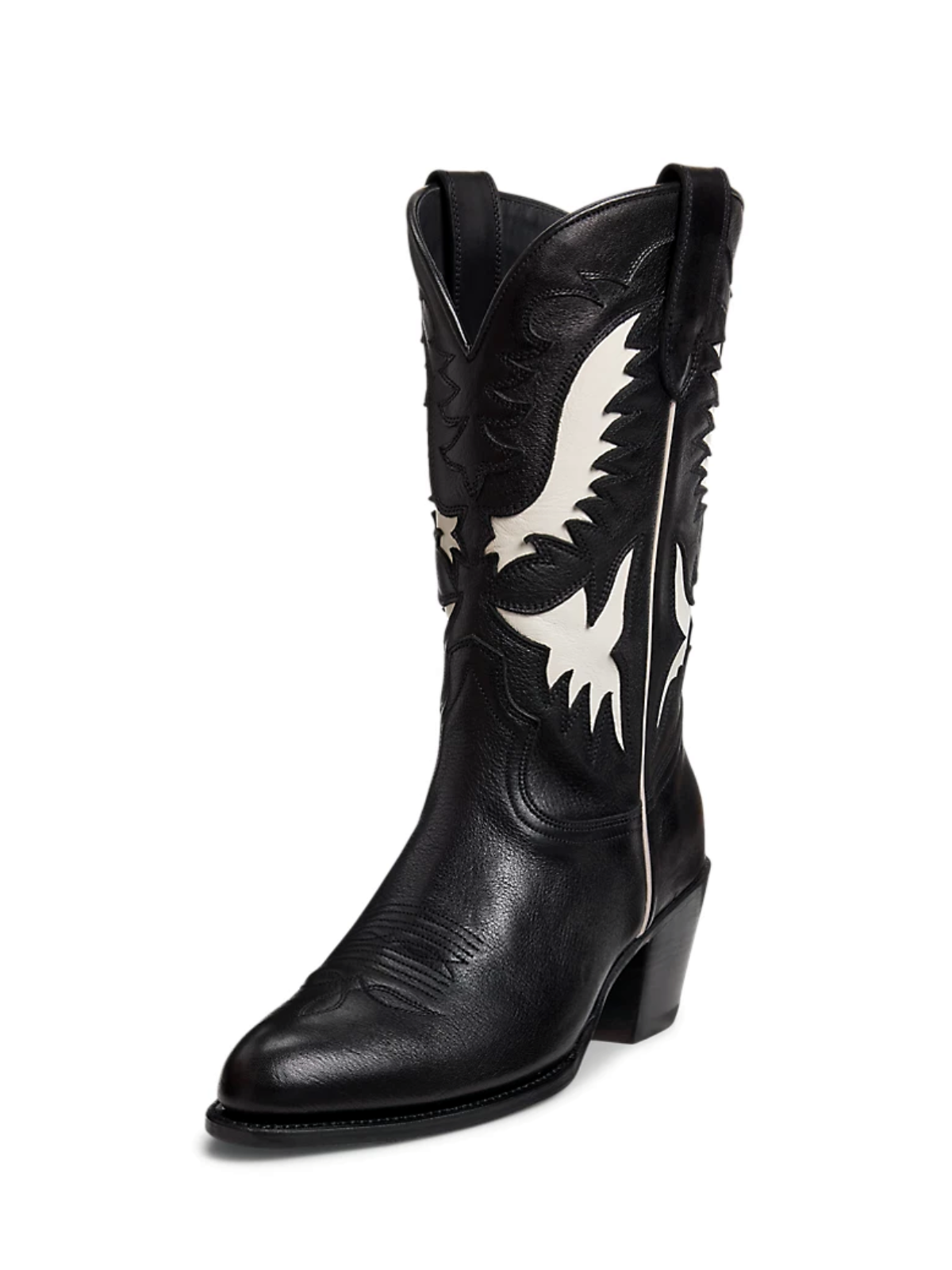 Black Almond-Toe Cream Wings Inlay Applique Wide Mid Calf Tall Cowgirl Boots