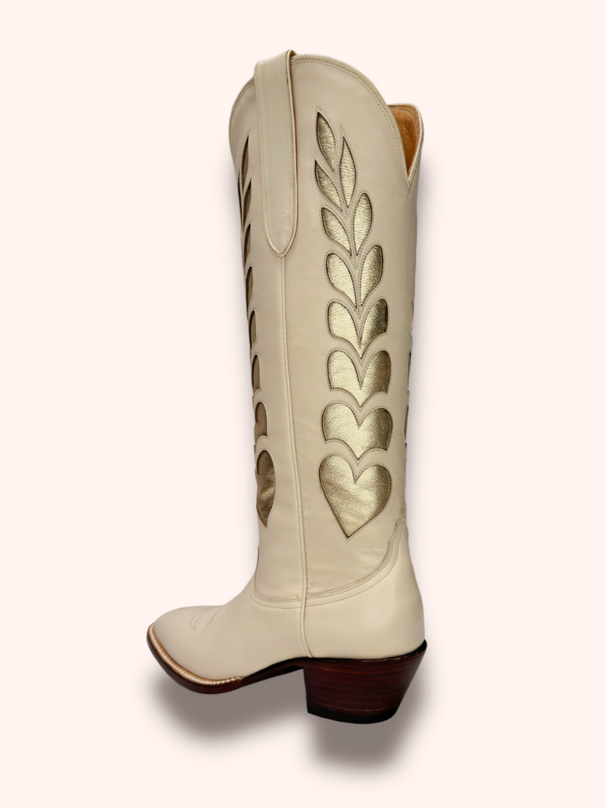 Metallic Heart Inaly And Applique Almond-Toe Wide Mid Calf Tall Cowgirl Boots - Bone