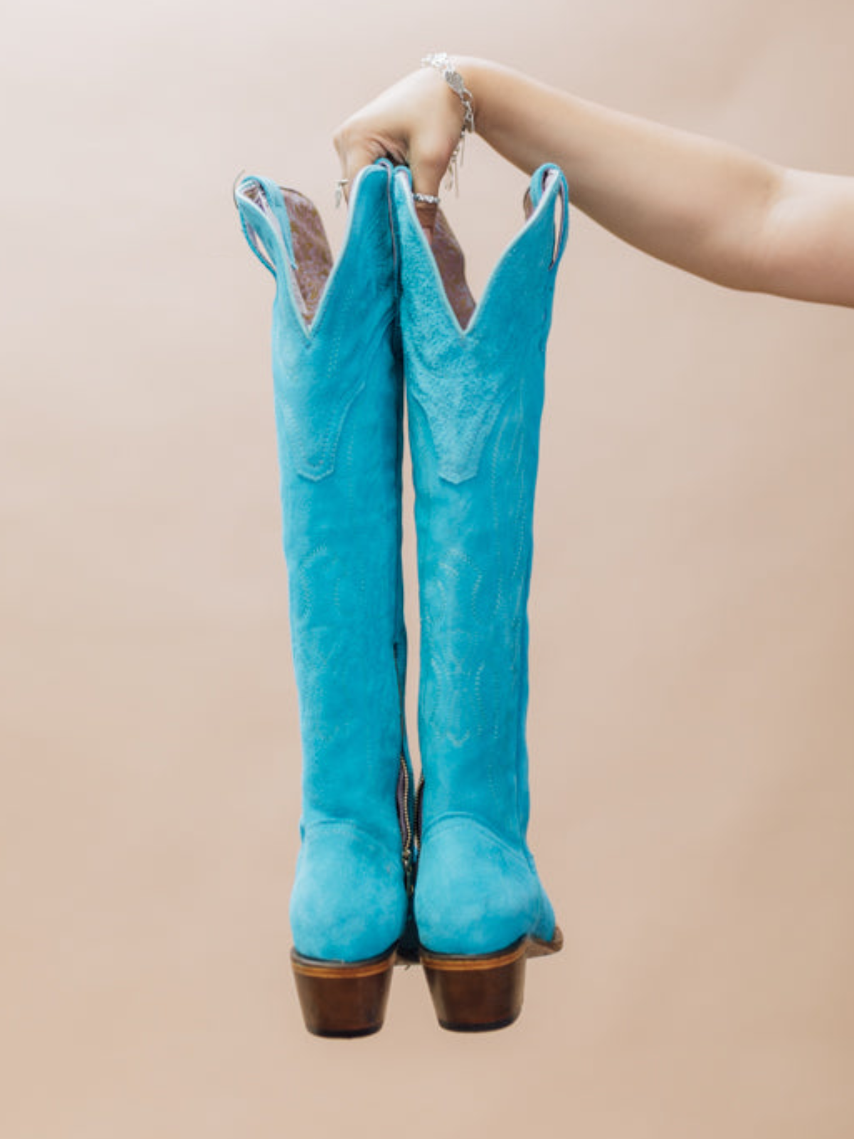 Eagle Embroidery Snip-Toe Half-Zip Over-The-Knee Tall Cowgirl Boots - Blue Faux Suede