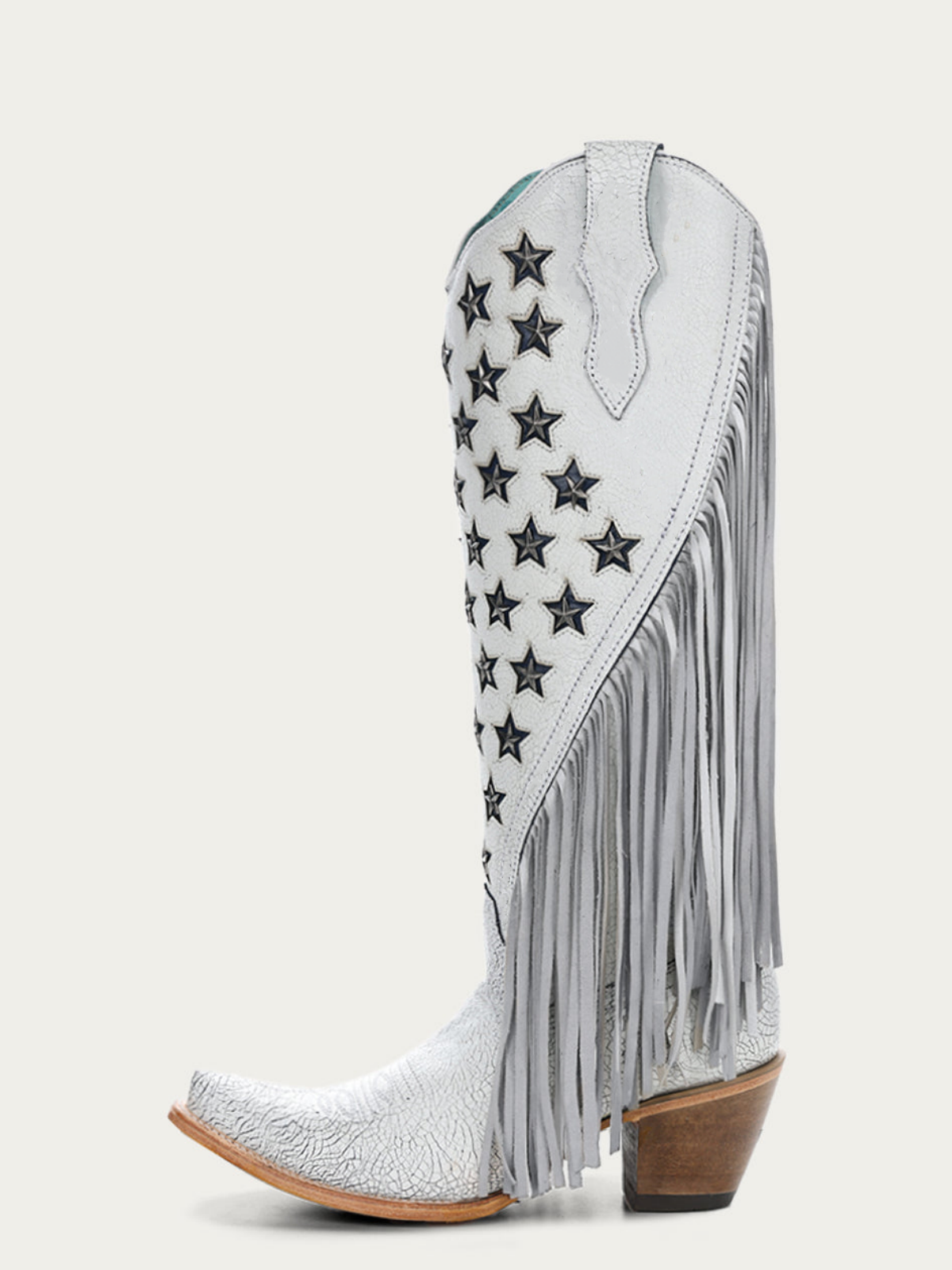 White Crinkle Star Studs Blue Inlay Fringe Snip-Toe Wide Mid Calf Tall Cowgirl Boots